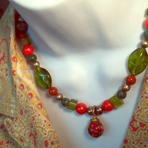 Handmade earth tone ORIGINAL OOAK glass bead adjustable green red Necklace retro